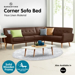 Sarantino Faux Linen Corner Wooden Sofa Lounge L-shaped with Chaise Brown - Picture 1 of 6