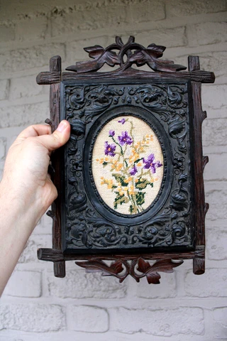 Antique black forest wood key cabinet wall embroidery floral decor rare Cover