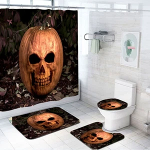 Ghastful Halloween Kürbis Duschvorhang Set Rutschfest Badematte Toilettendeckel Abdeckung - Bild 1 von 14