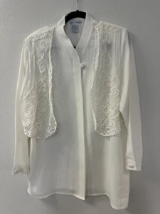 Vintage 1980er cremefarbene Bluse Spitze angenähte Weste Größe 14 Versand 'n Shore Schulterpolster - Bild 1 von 4