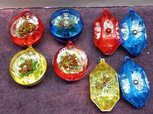 8 Vtg JEWEL BRITE PLASTIC CHRISTMAS TREE ORNAMENTS BALLS BELLS MISC - Picture 1 of 11