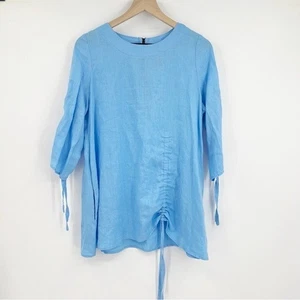 IC by Connie K Blue 100% Linen Drawstring Ruched 3/4 Sleeve Tunic Blouse Medium - Picture 1 of 9