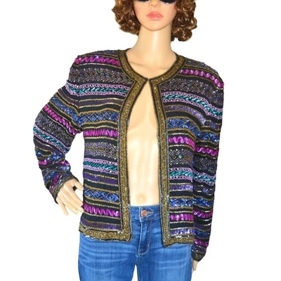 Chaqueta de Noche Bolero Vintage Adrianna Papell Boutique Cuentas Seda Para Mujer Talla L Foto 1 de 4
