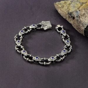 Pulsera de plata grabada a mano para hombre, pulsera de cadena de eslabones de piedras preciosas de zafiro - Imagen 1 de 6