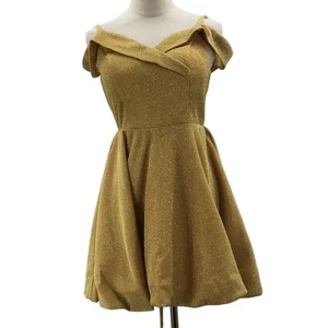 HOMECOMING TALLA 4 S Mini Vestido Dorado Amarillo Brillo Hombro Descubierto Con Cordones NUEVO B20 - Imagen 1 de 7