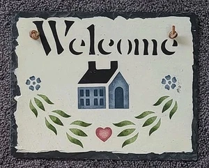 Artist Hand Painted Slate Welcome Plaque Door Wall Hanging Sign House 10" x 8" - Picture 1 of 3