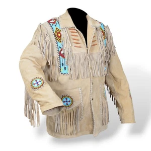 Herren Western Cowboy Wildleder Fransen Jacke Perlen Indianer Lederjacke - Bild 1 von 5