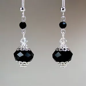 Black crystal vintage silver drop dangle earrings wedding bridesmaid gift - Picture 1 of 2