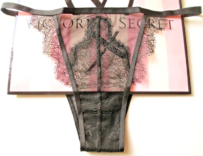 VICTORIA'S SECRET DREAM ANGELS Itsy String Bikini Panty VS Black Lace Mesh L XL - Image 1 of 4