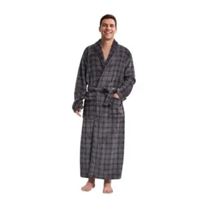 Men's Fleece Plush Bathrobe Full Length XX-Large-3X-Large Big Tall Grey & Black - Picture 1 of 7