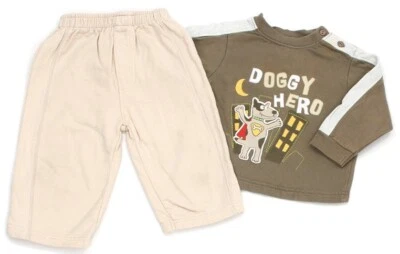 C&A 2tlg Jungen Sweat-Anzug Jogginghose Sweatshirt Gr. 74 beige grün Hund - Bild 1 von 3