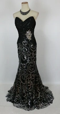 NUEVO Talla 2 Tony Bowls $550 Negro Plata Baile de graduación Vestido Formal Sirena Lentejuelas Vestido Foto 1 de 4