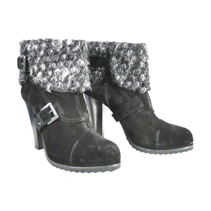 Janet & Janet Boots Black Ankle Suede High Cone Heel Buckle Faux Fur size UK 6 - Picture 1 of 15