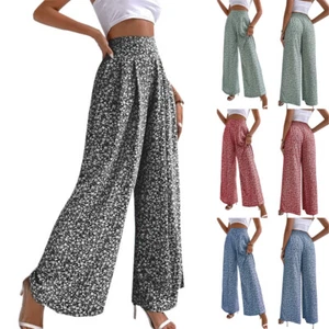 Women Wide Leg Trousers Floral Pattern Long Pants Soft Comfortable Elastic Waist - Picture 1 of 17