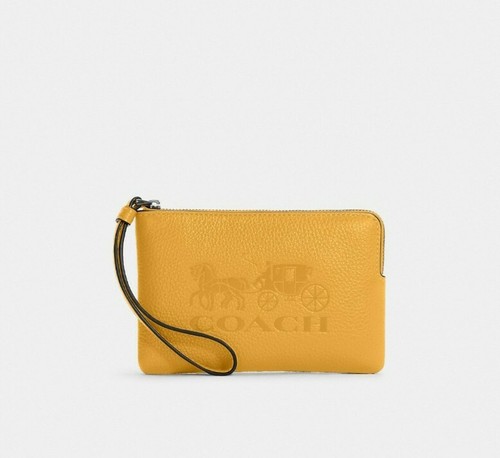 Portafoglio da polso COACH in pelle cerniera ad angolo cavallo e carrozza giallo a nido d'ape nuovo con etichette