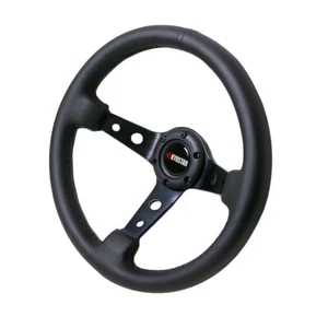 Aluminium Black 350mm 14 inch Leather Steering Wheel Deep DIsh Brushed Spoke New - Picture 1 of 7