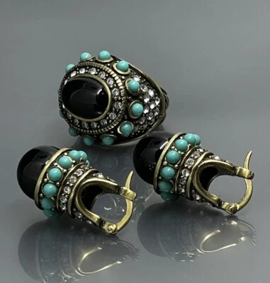 Heidi Daus Bronze Tone Black Onyx? Gemstone Glass Crystal Sz 5 Ring Earrings Set - Image 1 of 4