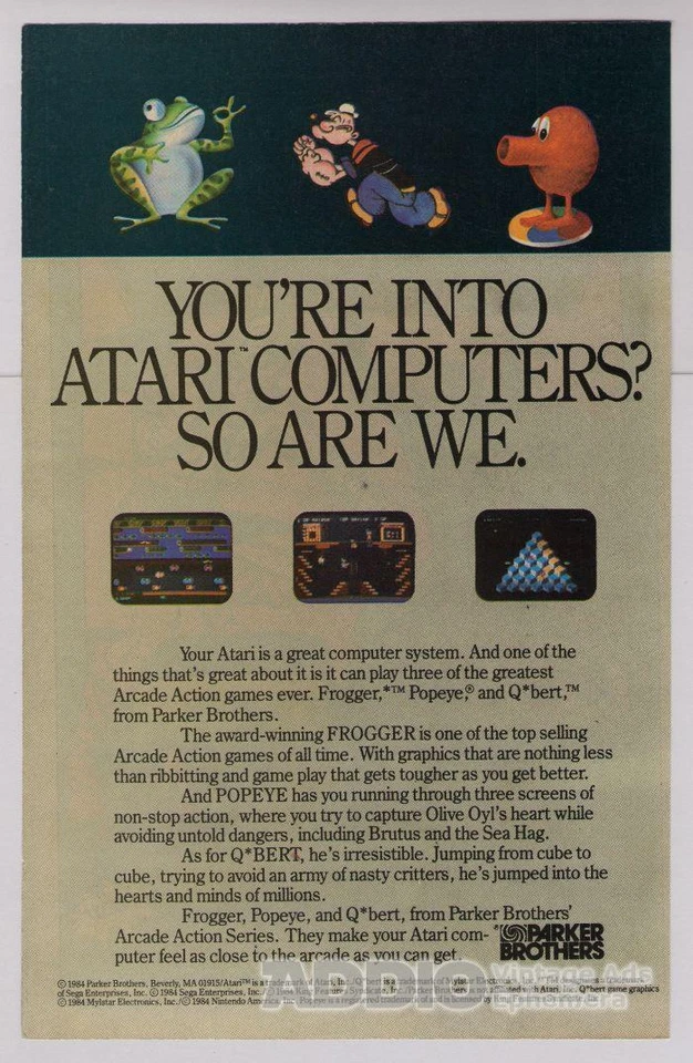 Parker Brothers video games 1984 PRINT AD Q*bert FROGGER Popeye ATARI page '80s - Image 1 of 1