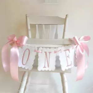 Pink Bow ONE High Chair Banner - 1st Birthday Girl Party Decorations - Picture 1 of 8