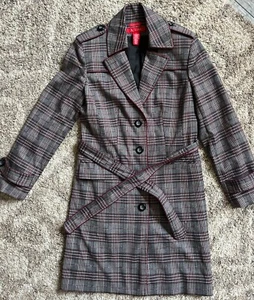 Vintage A LINE Coat Small Plaid Trench Style Black Purple Pink White Belt - Picture 1 of 5