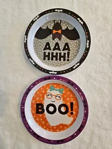 Set of 2 Halloween Kids Plates Melamine Ghost Bat 8.5" Orange Black Spooky Fun - Picture 1 of 5