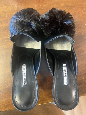 Charles David Women's Adelle Pointed Toe Pompom 7.5 M Black Satin Brand New - Image 1 of 4