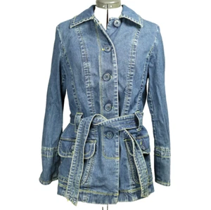 I.E. Relaxed Denim Jean Jacket Belted Button Front Blue w/ Lime Green Thread M - Picture 1 of 24