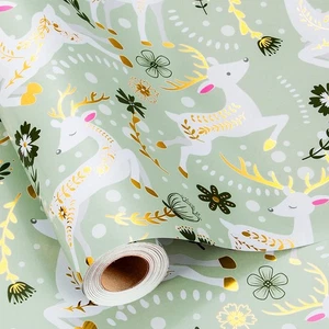 Light Green Wrapping Paper Roll - Metallic Gold Foil Lovely Happy Reindeer Mi... - Picture 1 of 7
