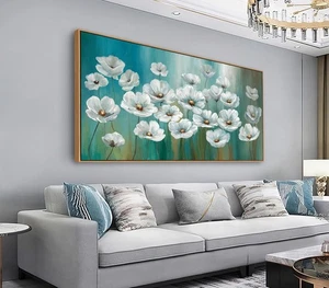 Large Flowers Wall Art - Natural Float Framed White Floral Picture for Living R - Picture 1 of 7