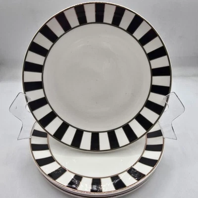 4 Grace Teaware Black And White Stripe Salad Plates Gold Trim Set Of 4 - Image 1 of 4