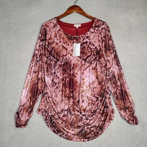 Kathy Ireland Top Womens 2X Plus Burgundy Snake Print Ruched High-Low Blouse NWT - Picture 1 of 13