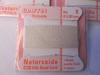 TRES tarjetas Griffin 100 % cuerdas de hilo de seda con aguja tamaño 8 blanco G169 DNG Foto 1 de 2