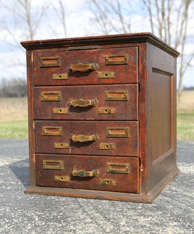 Antique oak Card Catalog 4 drawer library Cabinet wood file box brass pulls Cover