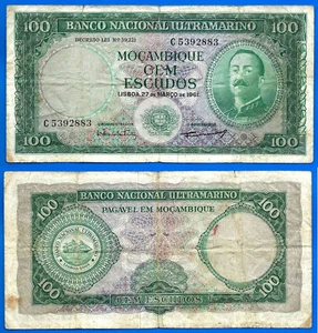 Mozambique 100 Escudos 1961 With Out Overprint No Overload Banco Free Ship World - Picture 1 of 3