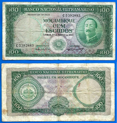 Mozambique 100 Escudos 1961 With Out Overprint No Overload Banco Free Ship World - Image 1 of 3