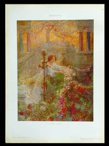 WOMAN AND FLOWERS -1910- ART NOUVEAU PHOTOLITHOGRAPH, CARLO AGAZZI, ROSES - Picture 1 of 1