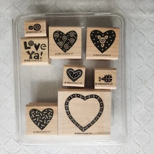Stampin Up Complete 8 Rubber Stamp Set "Love Ya Hearts" Lady Bug Hart Frame Used - Picture 1 of 10