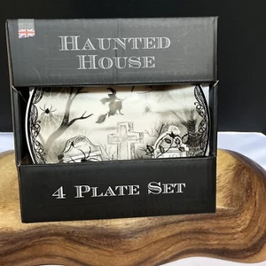 EATON FINE DINING APPETIZER PLATES BOXED SET OF 4 HAUNTED HOUSE GHOST WITCH BATS - Picture 1 of 7