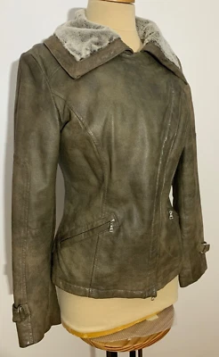 Chaqueta de Cuero Genuino DANIER Forrada de Piel Sintética Cierre de Cremallera Asimétrico Talla S Foto 1 de 4