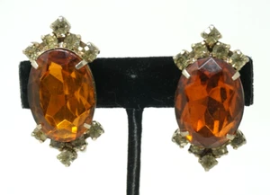 Large Vintage DARK Brown AMBER Citrine RHINESTONE Clip-on Earrings - Picture 1 of 5