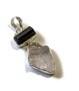Natural raw kunzite & black tourmaline pendant set in GENUINE 925 sterling - Picture 1 of 4