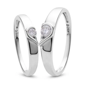 Set of 2 Moissanite Heart Rings Rhodium Plated Size 8 and Size 11 in Set - Picture 1 of 6