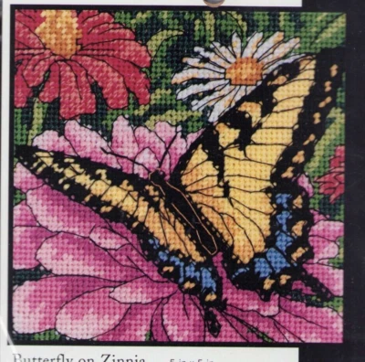 Cross Stitch KIT Butterfly on Zinnia Dimensions fabric pattern threads OOP - Image 1 of 3