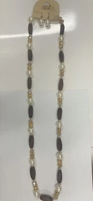 Ella 40” Necklace and Pierced Earring Set NWT Wood Pearl Gold Tone Beads Pretty - Image 1 of 4
