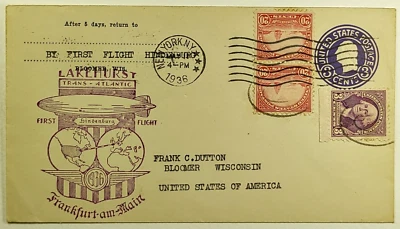 1936 First Trans-Atlantic Flight D-LZ 129 Hindenburg Zeppelin Airmail Cover - Image 1 of 2