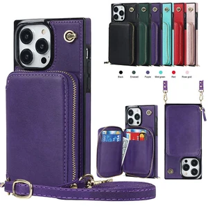 For iPhone 16 15 14 13 12 11 Pro Max XR 8 Plus Zipper Card Wallet Crossbody Case - Picture 1 of 63