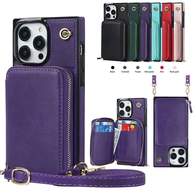 For iPhone 16 15 14 13 12 11 Pro Max XR 8 Plus Zipper Card Wallet Crossbody Case - Image 1 of 4