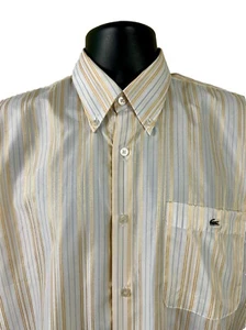 Lacoste Vintage Men’s Short Sleeves White Semi Sheer White w Gold Stripes Sz M - Picture 1 of 7