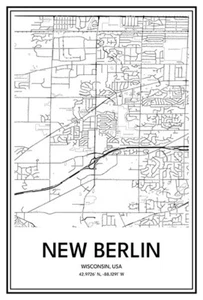 New Berlin, WI, USA - Modern Minimalist Street Map Poster - Picture 1 of 8