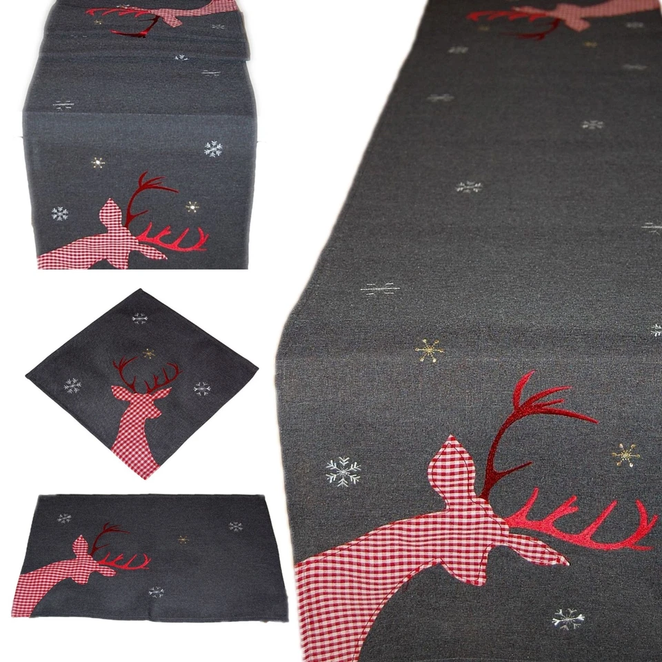 Tischdecke Tischläufer Weihnachten Landhaus Tischwäsche Bestickt Hirsch Kariert - Bild 1 von 1